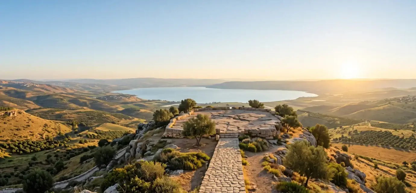 Mountain landscape in Galilee at sunrise with a path ascending to a wide view of hills, water, and open sky.