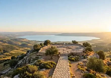 Mountain landscape in Galilee at sunrise with a path ascending to a wide view of hills, water, and open sky.