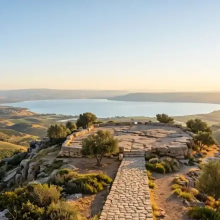 Mountain landscape in Galilee at sunrise with a path ascending to a wide view of hills, water, and open sky.