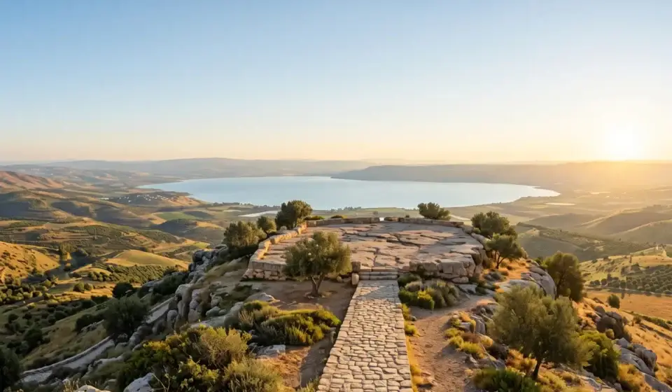 Mountain landscape in Galilee at sunrise with a path ascending to a wide view of hills, water, and open sky.