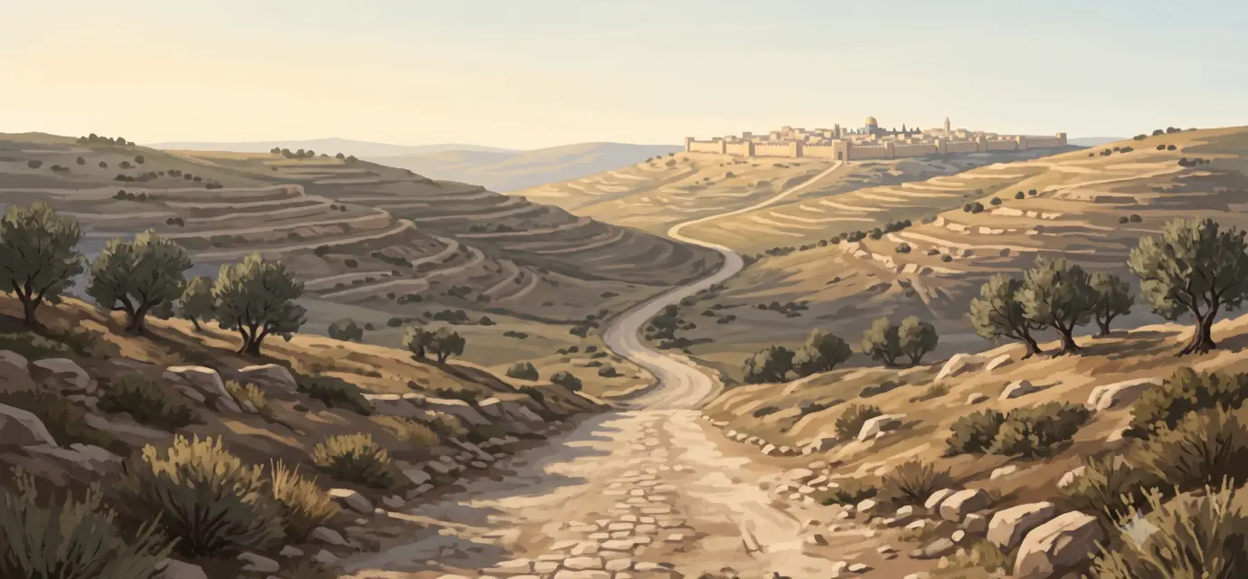 Long dusty road through the Judean countryside leading toward distant Jerusalem under warm golden light.