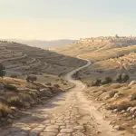 Long dusty road through the Judean countryside leading toward distant Jerusalem under warm golden light.