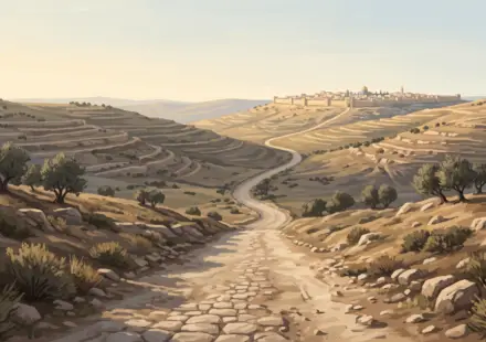 Long dusty road through the Judean countryside leading toward distant Jerusalem under warm golden light.