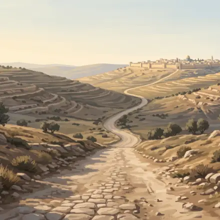 Long dusty road through the Judean countryside leading toward distant Jerusalem under warm golden light.