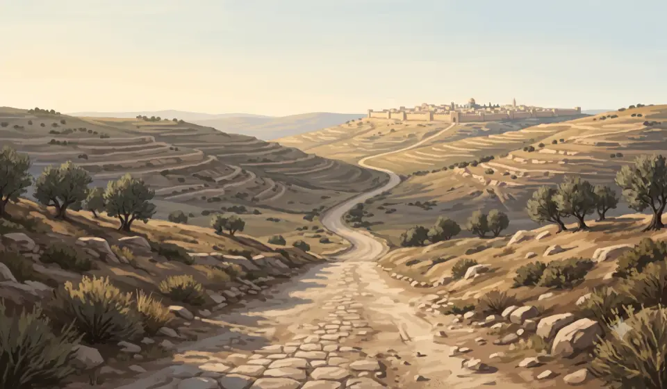 Long dusty road through the Judean countryside leading toward distant Jerusalem under warm golden light.