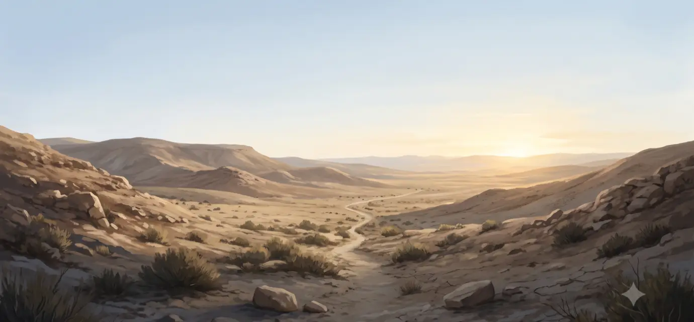 Lonely Judean wilderness at dawn with rocky hills, sparse desert brush, and a narrow path leading toward a bright horizon.