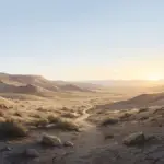Lonely Judean wilderness at dawn with rocky hills, sparse desert brush, and a narrow path leading toward a bright horizon.