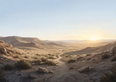 Lonely Judean wilderness at dawn with rocky hills, sparse desert brush, and a narrow path leading toward a bright horizon.