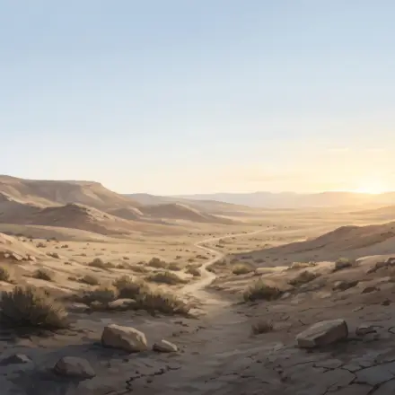 Lonely Judean wilderness at dawn with rocky hills, sparse desert brush, and a narrow path leading toward a bright horizon.