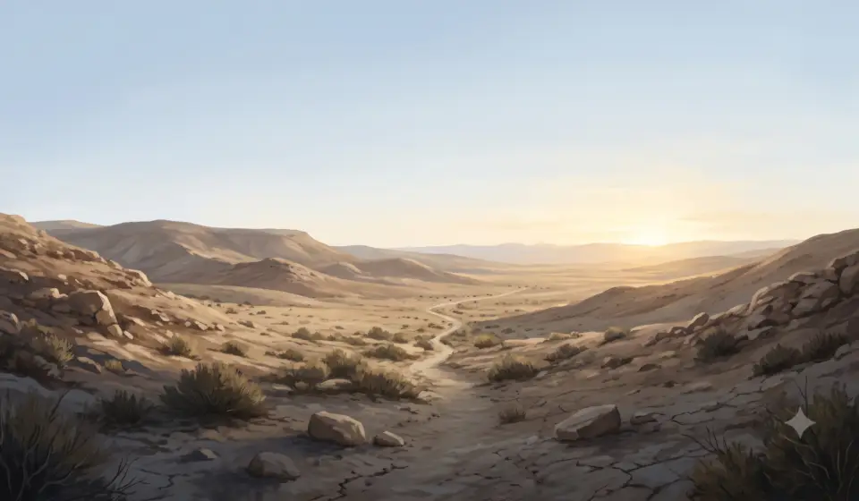 Lonely Judean wilderness at dawn with rocky hills, sparse desert brush, and a narrow path leading toward a bright horizon.