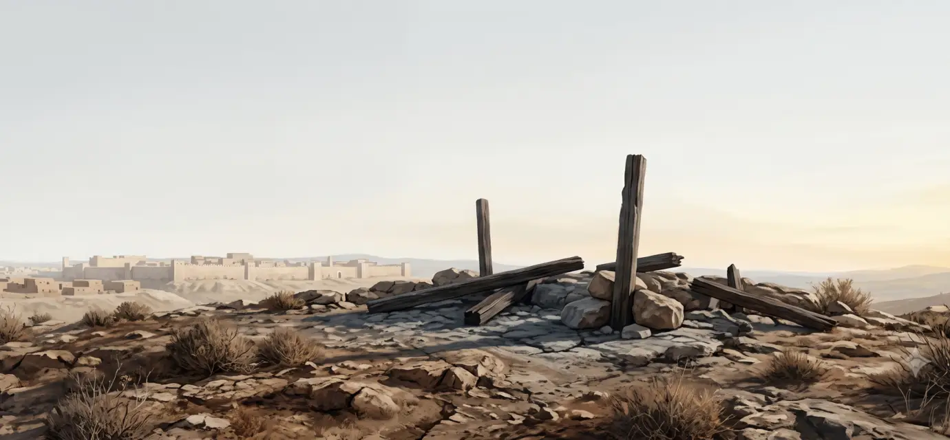 A stark hill outside Jerusalem with rough ground, subdued light, and the distant city under a solemn sky.