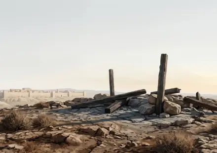 A stark hill outside Jerusalem with rough ground, subdued light, and the distant city under a solemn sky.
