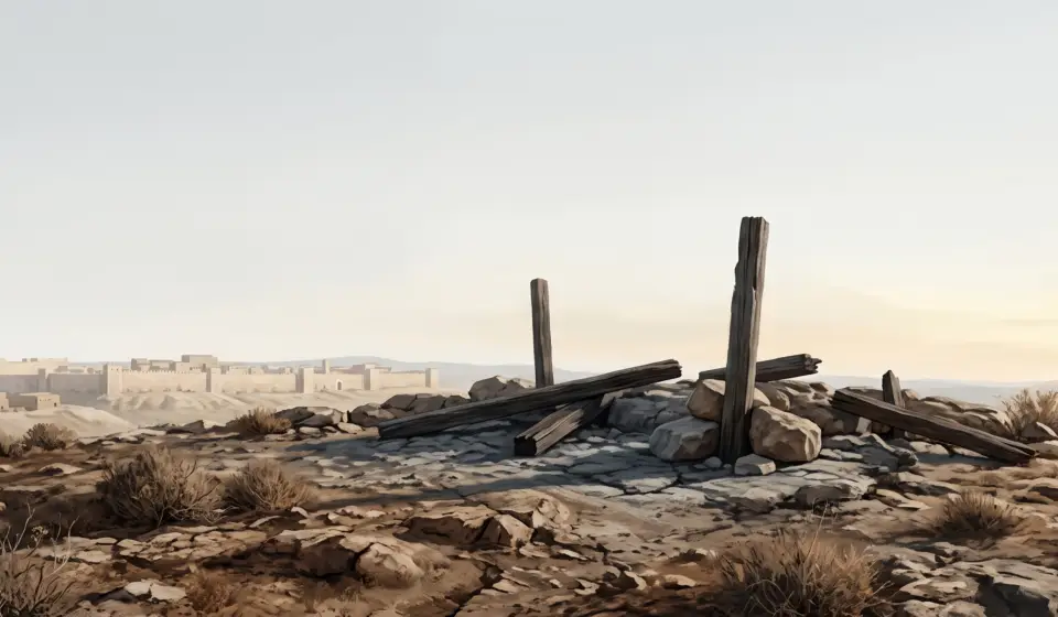 A stark hill outside Jerusalem with rough ground, subdued light, and the distant city under a solemn sky.