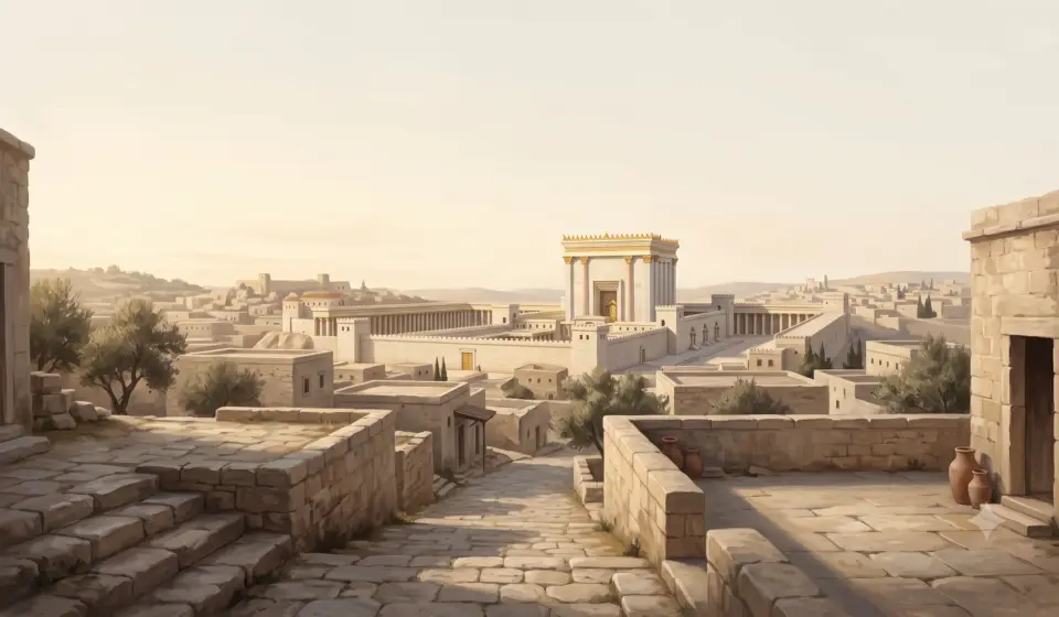 Ancient Jerusalem temple complex in warm morning light, viewed from quiet stone steps with an upward path leading toward the temple.