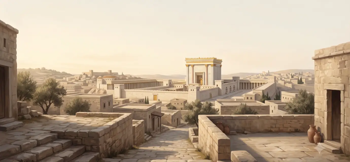 Ancient Jerusalem temple complex in warm morning light, viewed from quiet stone steps with an upward path leading toward the temple.