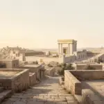 Ancient Jerusalem temple complex in warm morning light, viewed from quiet stone steps with an upward path leading toward the temple.
