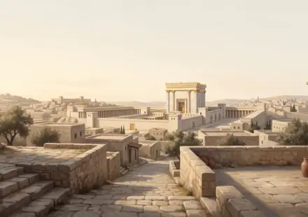 Ancient Jerusalem temple complex in warm morning light, viewed from quiet stone steps with an upward path leading toward the temple.