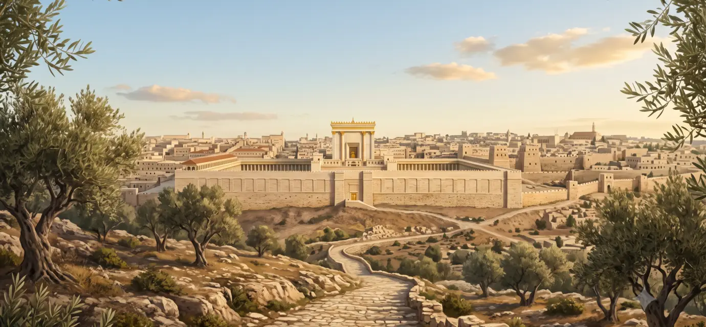 Ancient Jerusalem and the temple seen from an elevated approach road, illuminated by warm light with olive trees nearby.