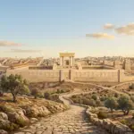 Ancient Jerusalem and the temple seen from an elevated approach road, illuminated by warm light with olive trees nearby.