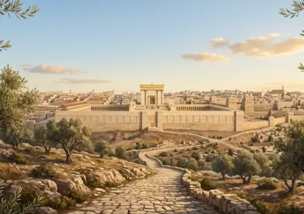 Ancient Jerusalem and the temple seen from an elevated approach road, illuminated by warm light with olive trees nearby.