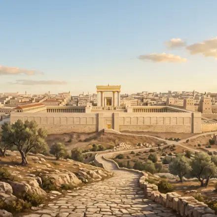 Ancient Jerusalem and the temple seen from an elevated approach road, illuminated by warm light with olive trees nearby.