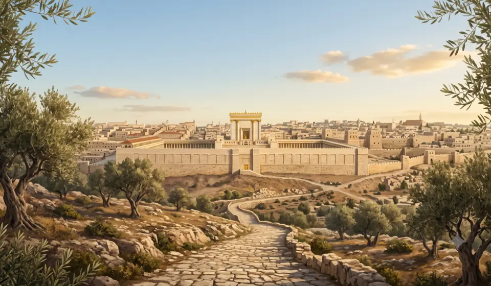 Ancient Jerusalem and the temple seen from an elevated approach road, illuminated by warm light with olive trees nearby.