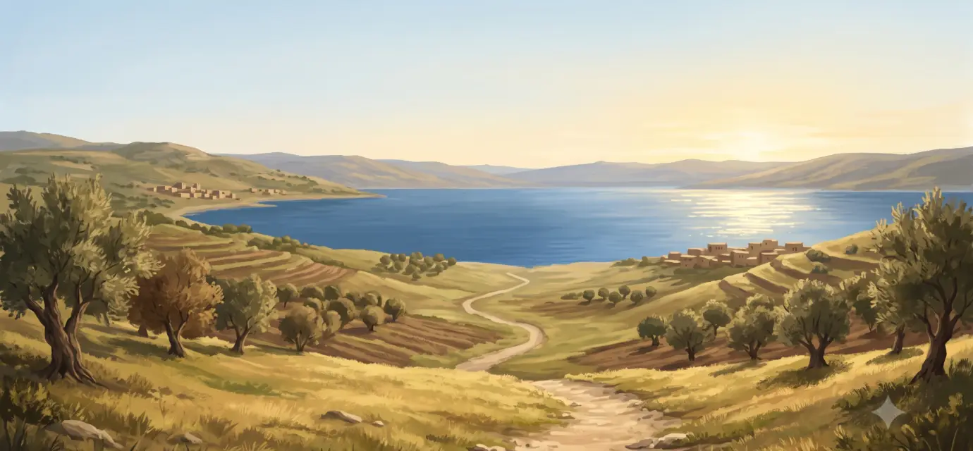 Ancient Galilee landscape in warm morning light with the Sea of Galilee, gentle hills, and a path leading toward the water.