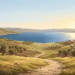 Ancient Galilee landscape in warm morning light with the Sea of Galilee, gentle hills, and a path leading toward the water.