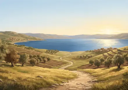 Ancient Galilee landscape in warm morning light with the Sea of Galilee, gentle hills, and a path leading toward the water.
