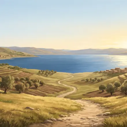 Ancient Galilee landscape in warm morning light with the Sea of Galilee, gentle hills, and a path leading toward the water.