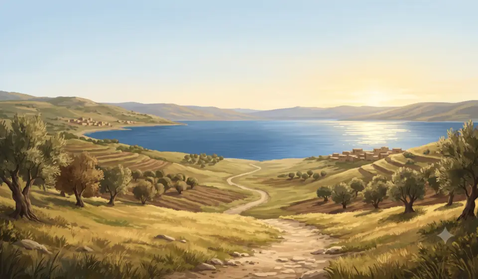 Ancient Galilee landscape in warm morning light with the Sea of Galilee, gentle hills, and a path leading toward the water.