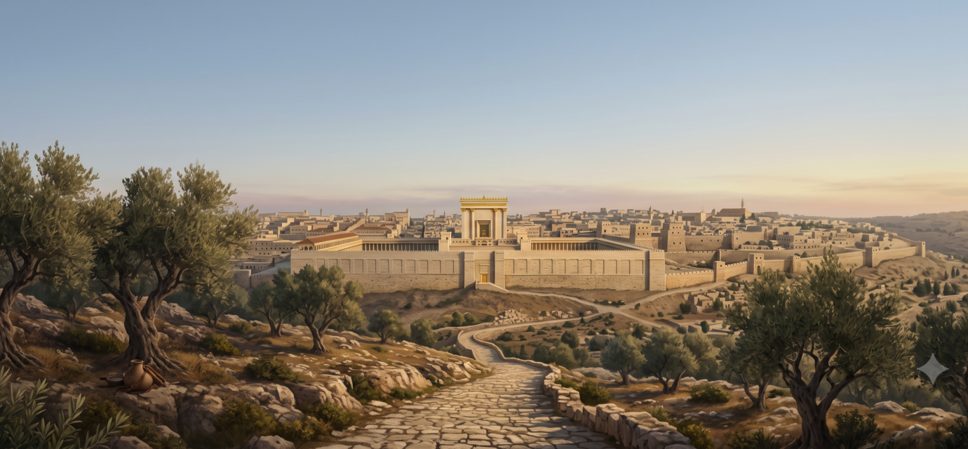 View from the Mount of Olives overlooking Jerusalem, with ancient olive trees in the foreground and a sober evening sky.