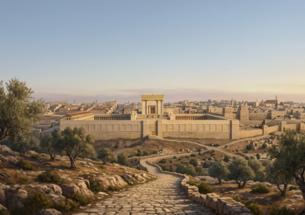 View from the Mount of Olives overlooking Jerusalem, with ancient olive trees in the foreground and a sober evening sky.