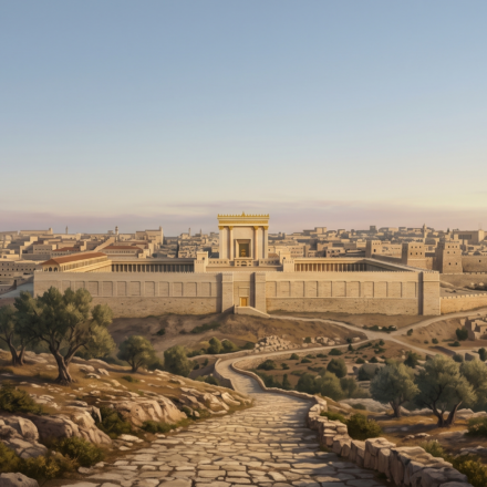 View from the Mount of Olives overlooking Jerusalem, with ancient olive trees in the foreground and a sober evening sky.