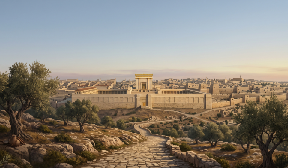 View from the Mount of Olives overlooking Jerusalem, with ancient olive trees in the foreground and a sober evening sky.