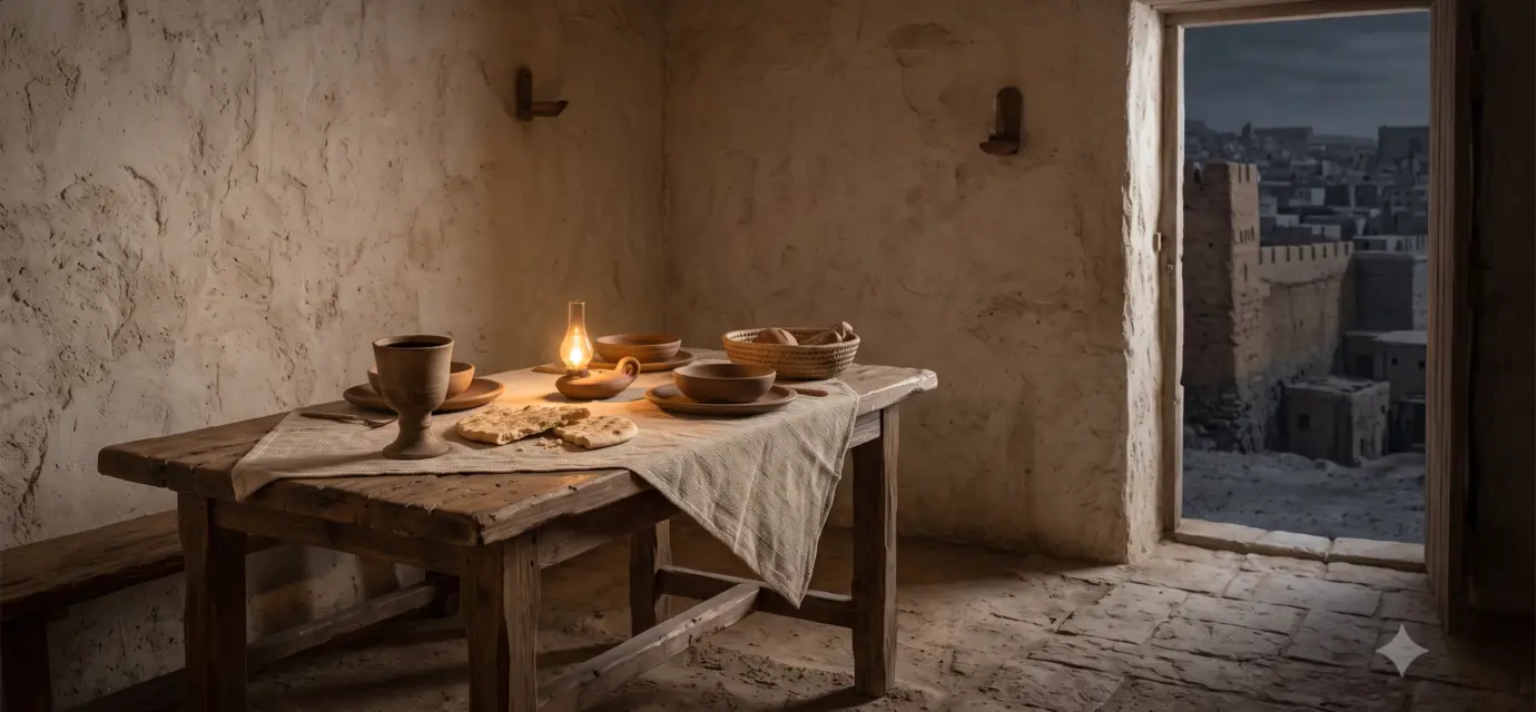 Quiet upper room in ancient Jerusalem with a simple wooden table, clay cup, torn bread, and warm evening lamplight.