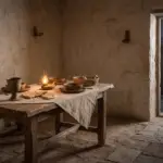 Quiet upper room in ancient Jerusalem with a simple wooden table, clay cup, torn bread, and warm evening lamplight.