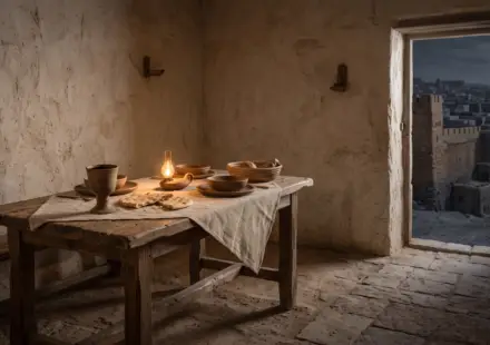 Quiet upper room in ancient Jerusalem with a simple wooden table, clay cup, torn bread, and warm evening lamplight.