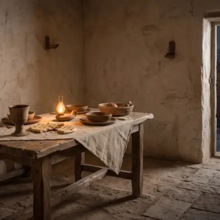 Quiet upper room in ancient Jerusalem with a simple wooden table, clay cup, torn bread, and warm evening lamplight.