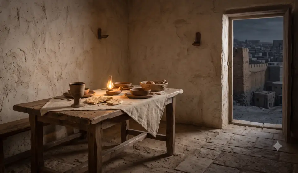 Quiet upper room in ancient Jerusalem with a simple wooden table, clay cup, torn bread, and warm evening lamplight.