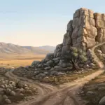 Rocky landscape near Caesarea Philippi with rugged stone formations, distant hills, and a narrow path suggesting decision.