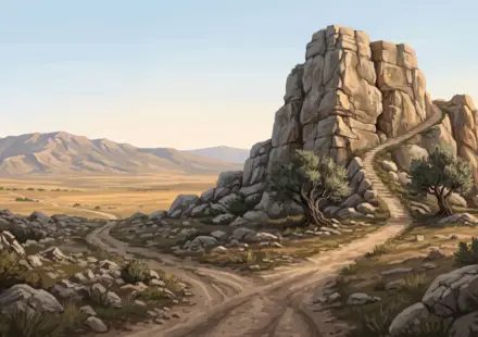 Rocky landscape near Caesarea Philippi with rugged stone formations, distant hills, and a narrow path suggesting decision.