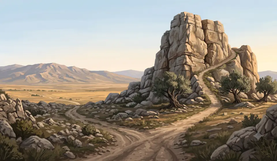 Rocky landscape near Caesarea Philippi with rugged stone formations, distant hills, and a narrow path suggesting decision.