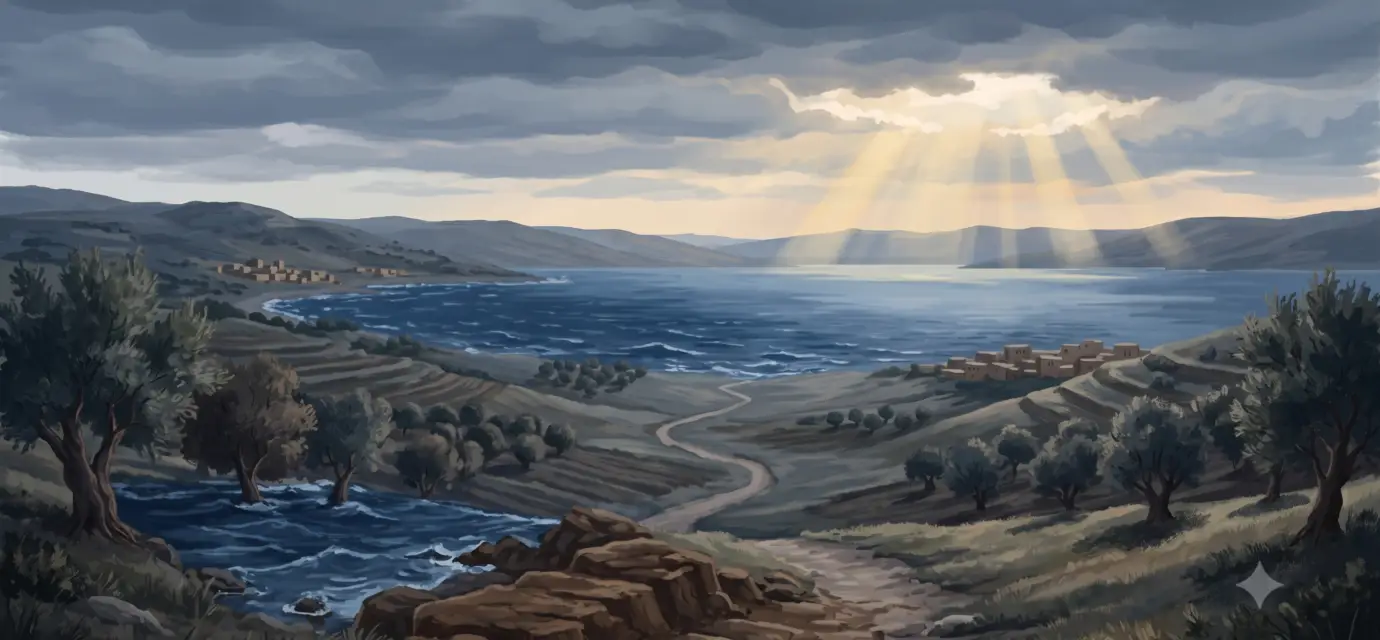 The Sea of Galilee under unsettled skies, with moving water in the foreground and calmer light breaking in the distance.