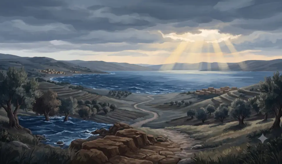 The Sea of Galilee under unsettled skies, with moving water in the foreground and calmer light breaking in the distance.