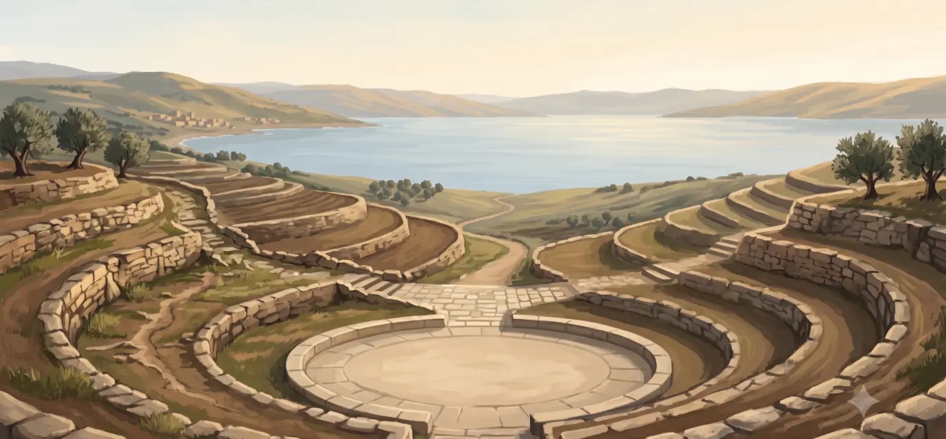 Galilean hillside overlooking the Sea of Galilee, with layered stone terraces and natural paths converging in morning light.