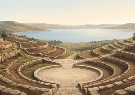 Galilean hillside overlooking the Sea of Galilee, with layered stone terraces and natural paths converging in morning light.