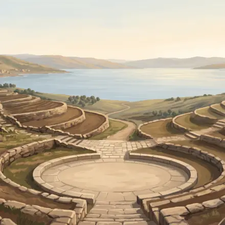 Galilean hillside overlooking the Sea of Galilee, with layered stone terraces and natural paths converging in morning light.