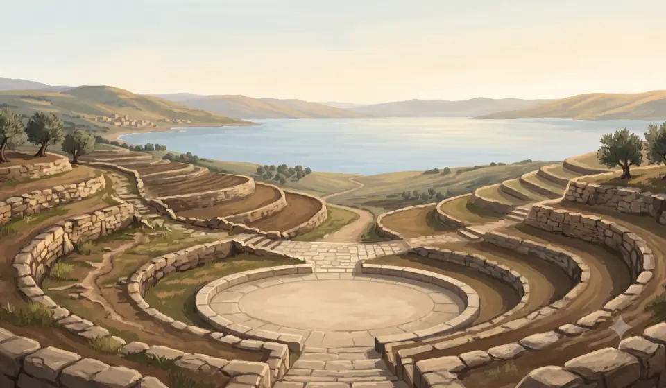 Galilean hillside overlooking the Sea of Galilee, with layered stone terraces and natural paths converging in morning light.